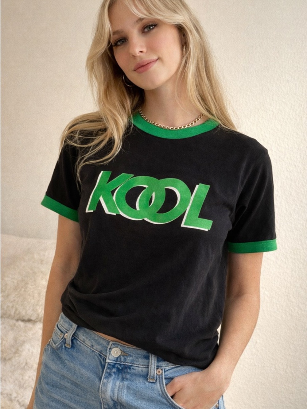 Vintage KOOL Ringer T Shirt Single Stitch USA 90s Black Green Mens L